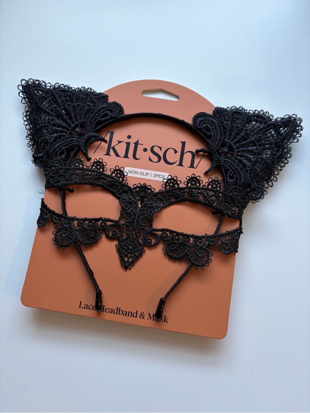 Kitsch Black Lace Cat Ear Headband & Lace Eye Mask Set